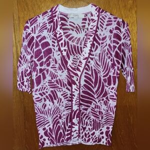 LOFT Magenta Pink Leaf Print Short Sleeved V-Neck Cardigan Size XS